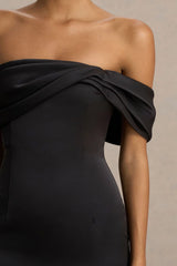 Valeria | Black Satin Twist-Bardot Neck Maxi Dress