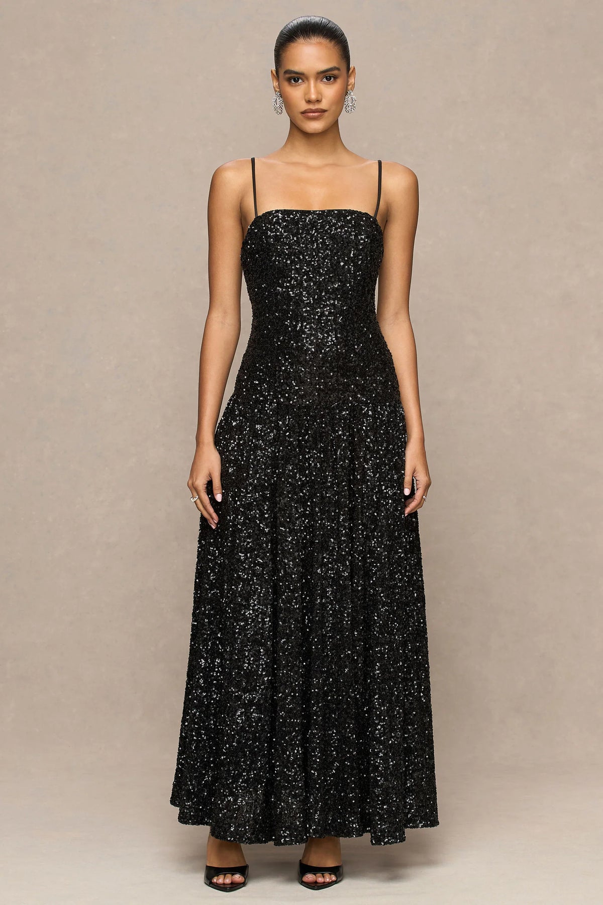 Allora | Black Sequin Bandeau Maxi Dress With Pleated Skirt
