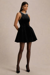 Meva | Black Velvet Hand-Embellished High-Neck Mini Dress
