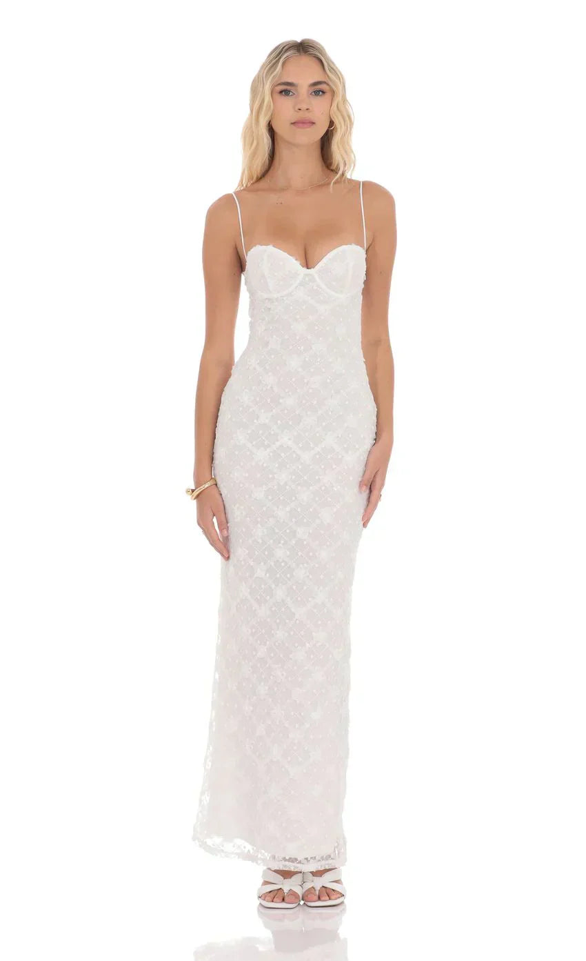 Sequin Floral Maxi Dress in White