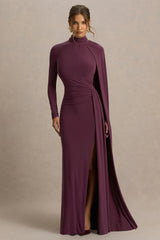 Anticipation | Burgundy High-Neck Maxi Dress With Front Split And Ruched Detailing