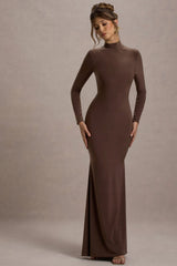 Tova | Chocolate High-Neck Long-Sleeve Maxi Dress