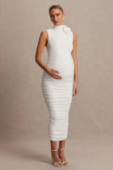 Shellie | White High-Neck Maternity Midi Dress With Corsage Detail