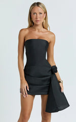 Ada Mini Dress - Strapless Rosette Draped Waist Dress in Black