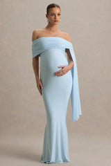 Aquila | Powder Blue Bardot Maternity Maxi Dress With Drape Sleeve