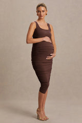 Lisbon | Brown Maternity Square Neck Ruched Midi Dress