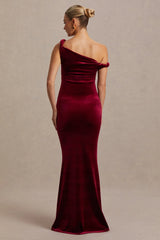 Tallulah | Burgundy Velvet Asymmetric-Neck Maternity Maxi Dress With Twist-Sleeve