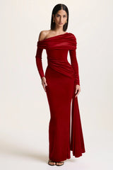 Hadria | Red Velvet Asymmetric-Neck Maxi Dress With Sash-Detail