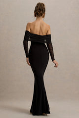 Madeleine | Black Fishtail Maxi Dress With Bardot Mesh Long Sleeves