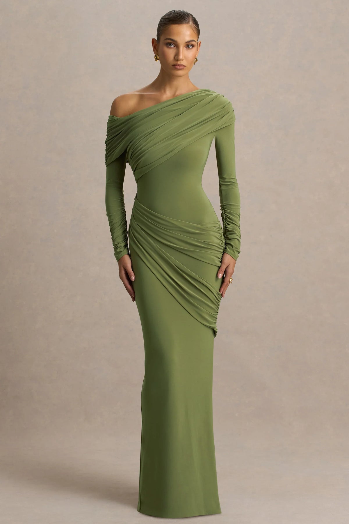 Perrie | Olive Asymmetric-Neck Maxi Dress With Ruched Detailing