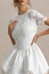 Taffy | White Lace Mini Dress With Satin Puffball Skirt