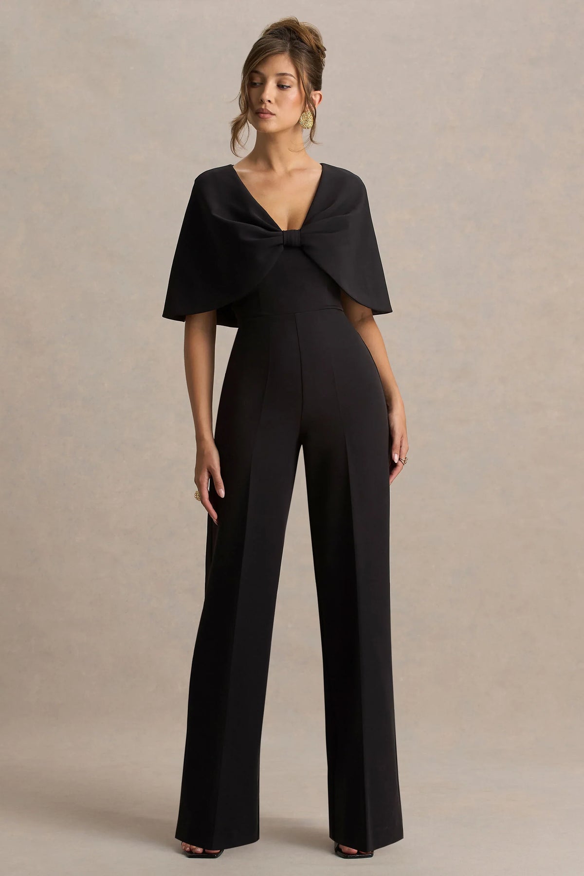 Vivid | Black Plunge-Neck Jumpsuit With Bow-Detail
