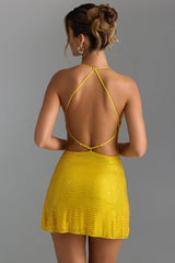 Embellished Scoop Halterneck Mini Dress in Buttercup