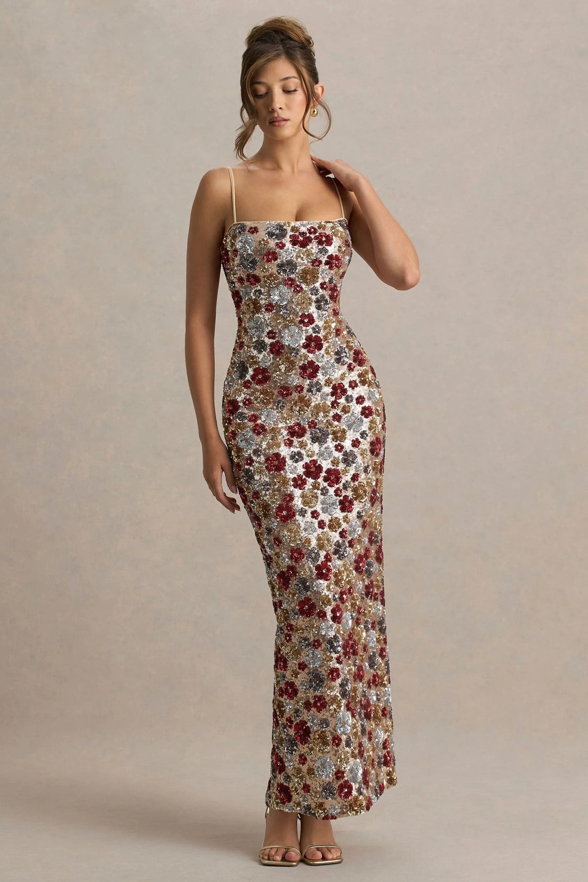 Vitora | Red Floral Sequin Square-Neck Maxi Dress