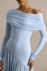 Farah | Powder Blue High-Neck Maxi Dress With Drop Waist And Ruched Detailing