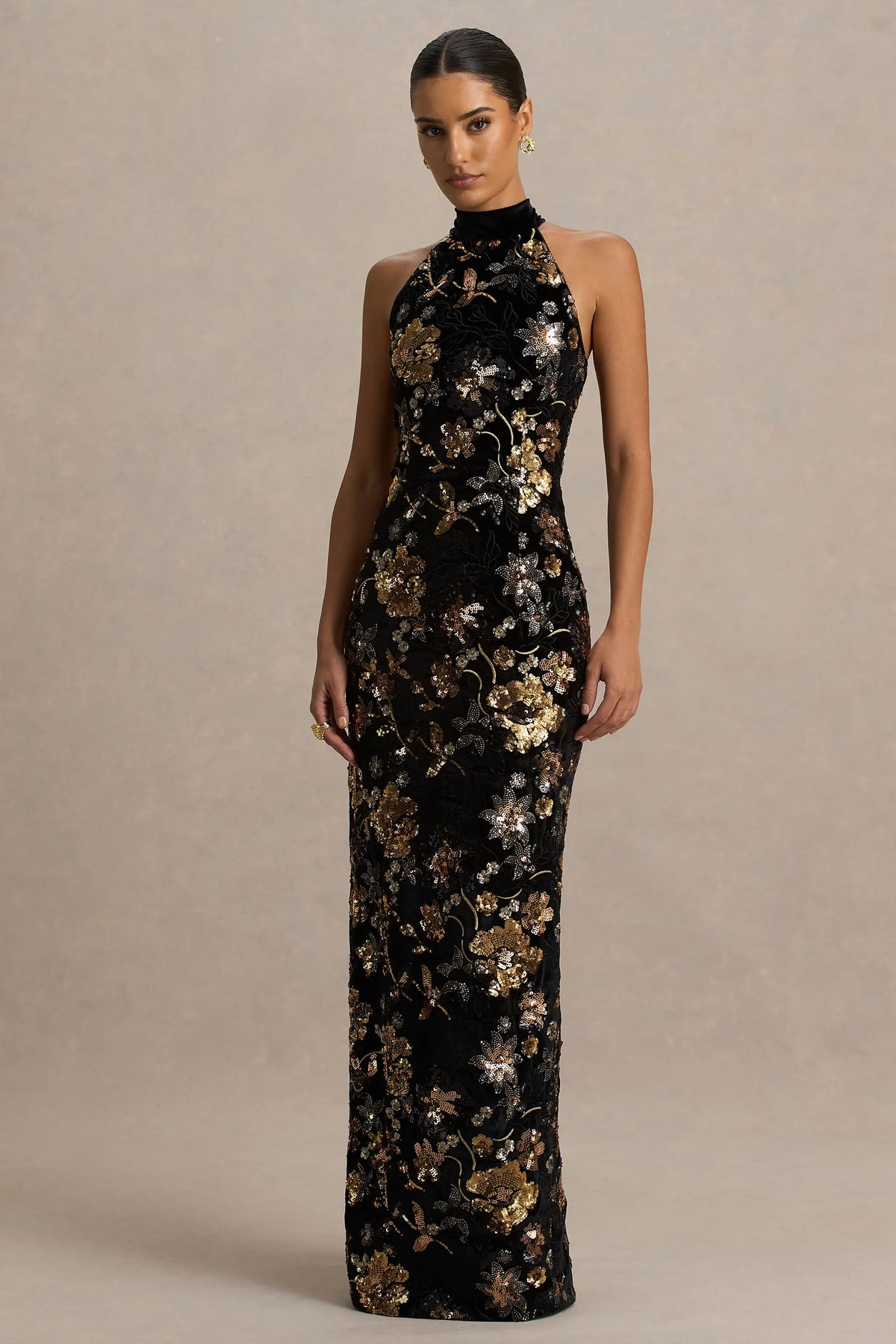 Tate | Black Velvet Halter-Neck Maxi Dress With Bronze Floral Sequin