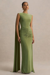 Premiere | Olive Boat-Neck Maxi Dress With Cape-Sleeves And Open-Back