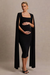 Flawless | Black Square-Neck Maternity Midi Dress With Cape-Sleeves