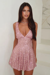 Sarah V-Neck Sequin Mini Dress - Baby Pink