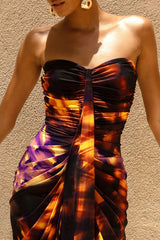 Nyra | Smoke Print Sweetheart Ruched Maxi Dress