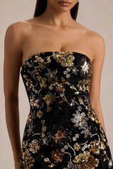 Valeri | Black Velvet Bandeau Mini Dress With Bronze Floral Sequin