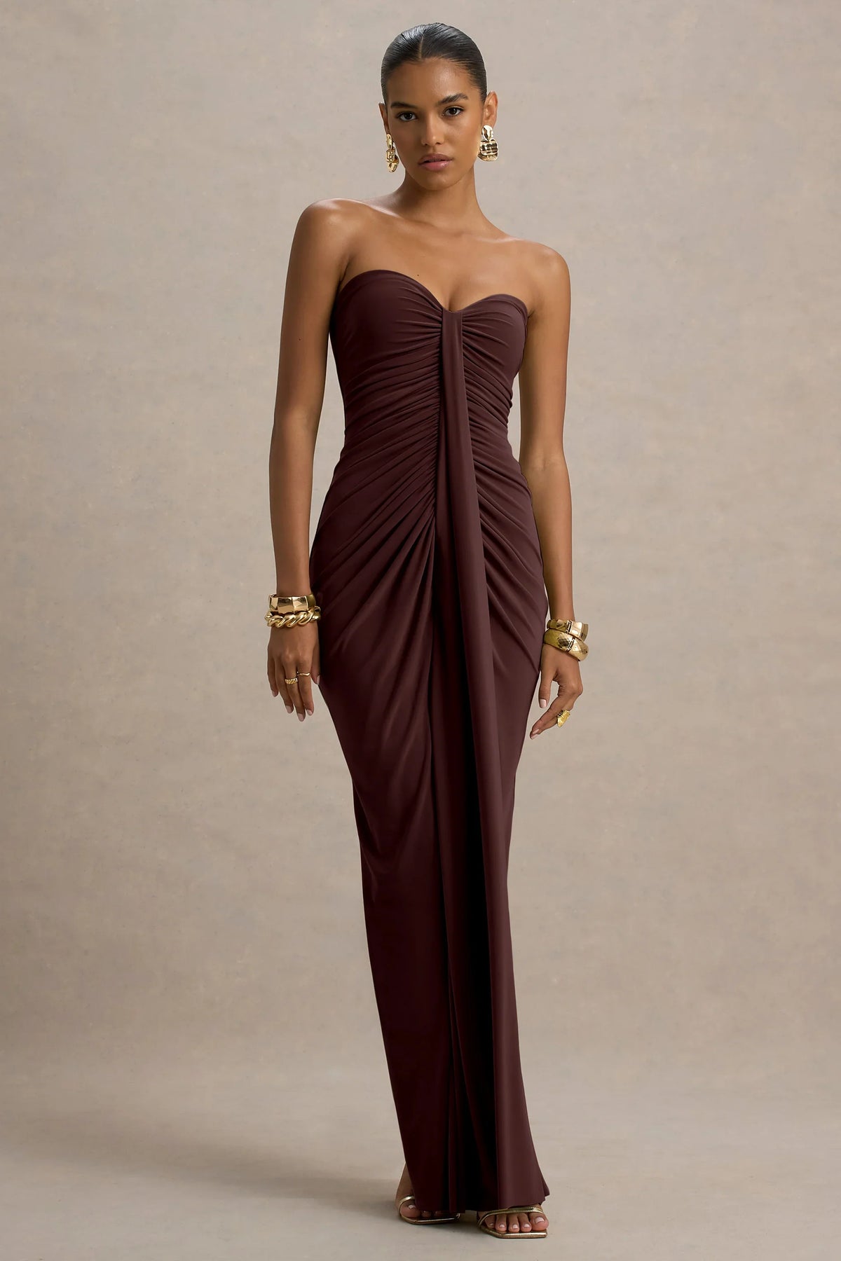Ali | Warm Brown Sweetheart Ruched Wrap Maxi Dress