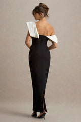 Angelina | Black & White Draped Shoulder Maxi Dress