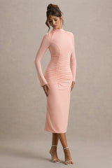 Cassandra | Pink High-Neck Long-Sleeve Midi Dress