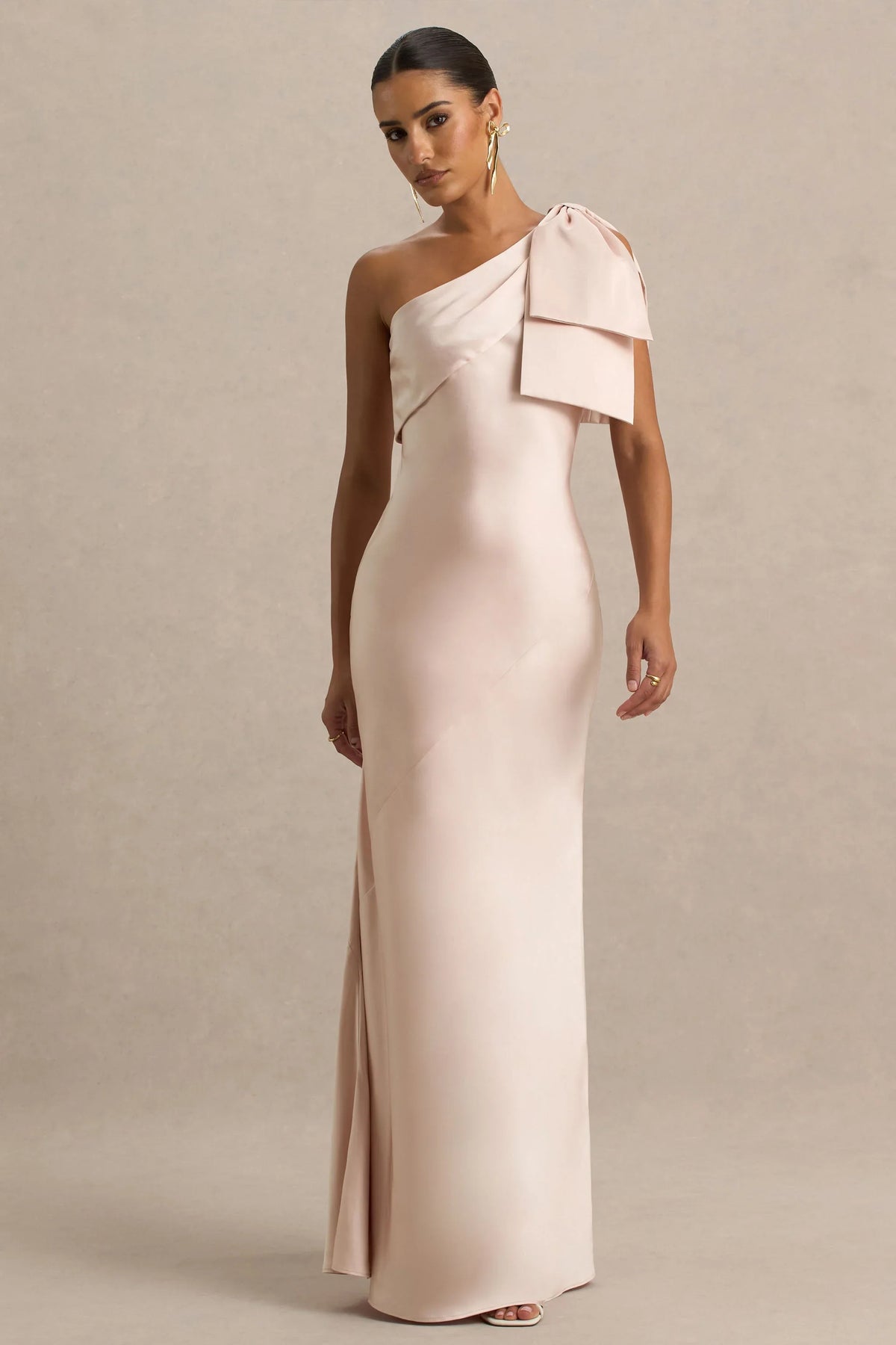 Valerie | Light Pink Satin Asymmetric-Neck Maxi Dress With Bow Detail