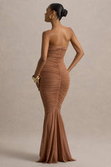 Talisa | Mocha Ruched Fishtail Maxi Dress With Mesh Hem