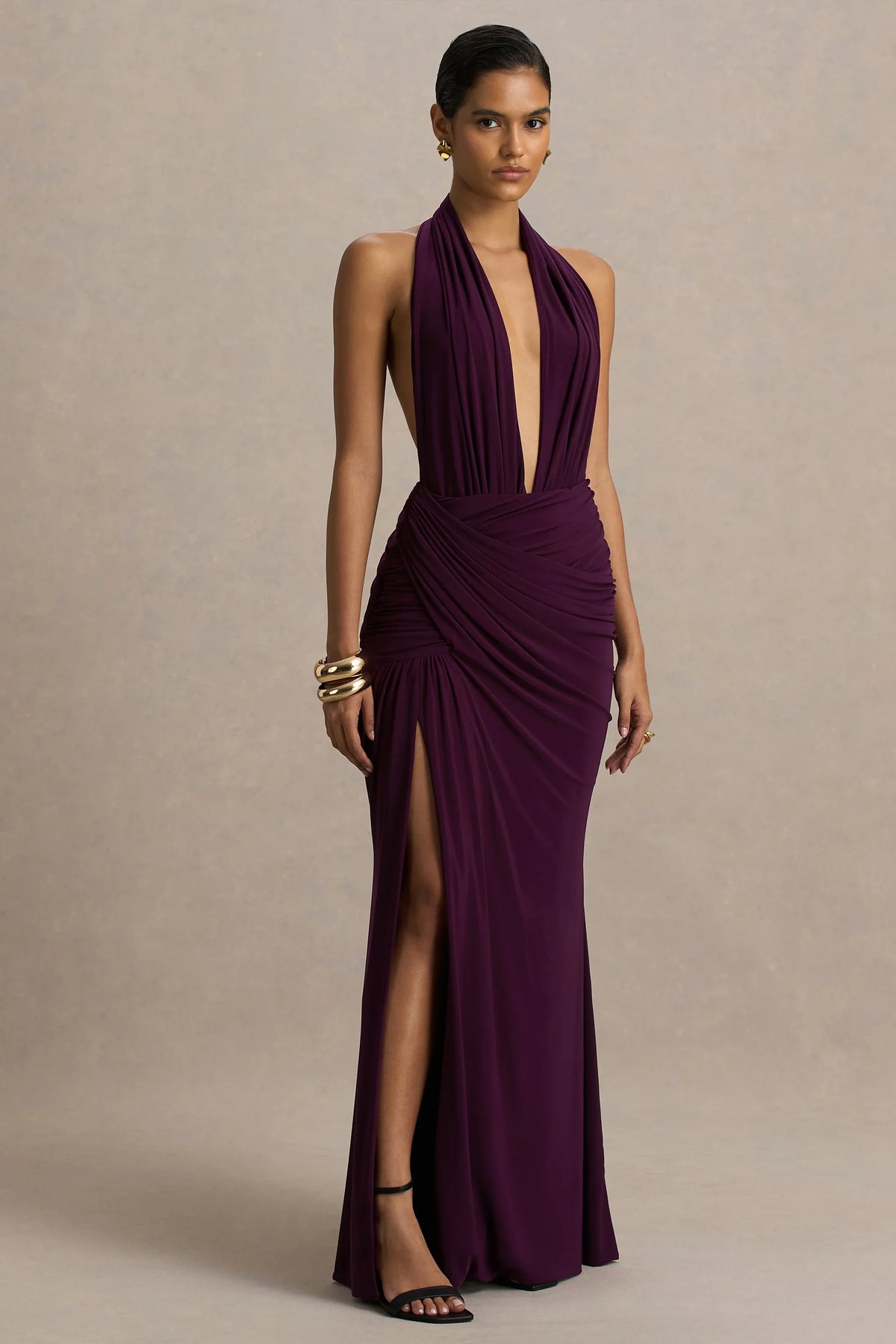 Tilly | Burgundy Extreme Plunge-Neck Maxi Dress With Wrap And Ruched Details